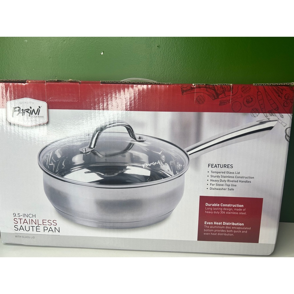 Parini 9.5 Inch Stainless Steel Saute Pan/Tempered Glass Lid Dishwasher Safe